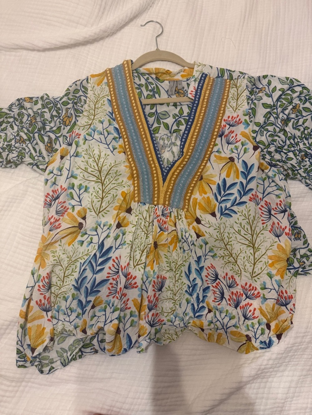 Anthropologie Floral V-Neck Blouse in Yellow, Blue & Green. 1x